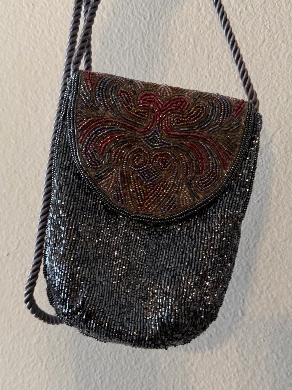Beaded Evening Crossbody Bag in Black with Multicolor Flap